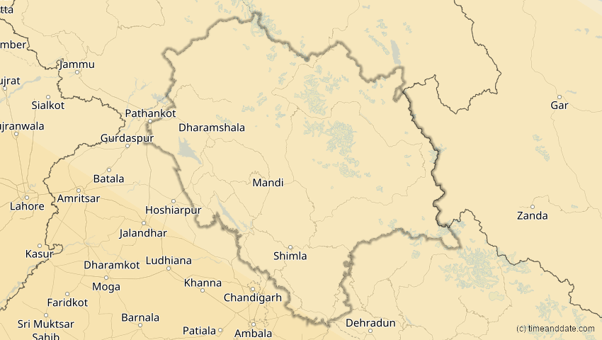A map of Himachal Pradesh, Indien, showing the path of the 26. Dez 2019 Ringförmige Sonnenfinsternis