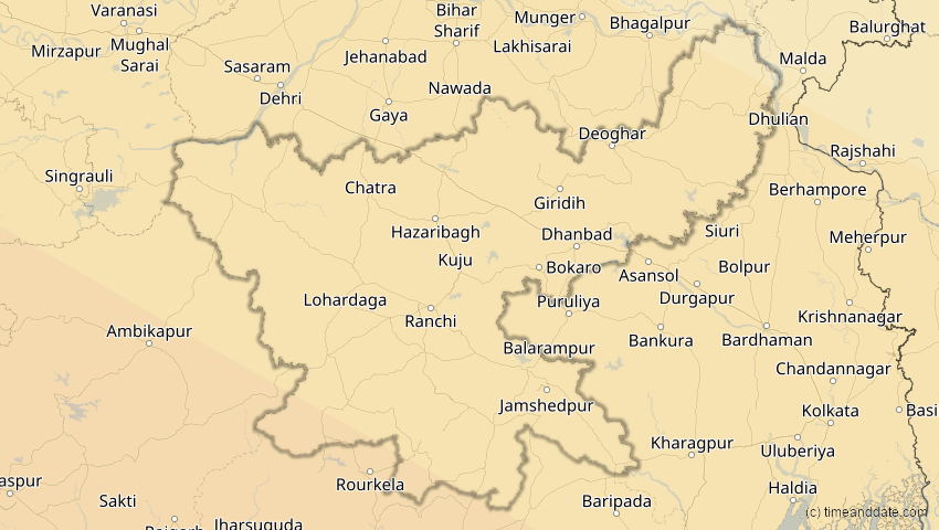 A map of Jharkhand, Indien, showing the path of the 26. Dez 2019 Ringförmige Sonnenfinsternis