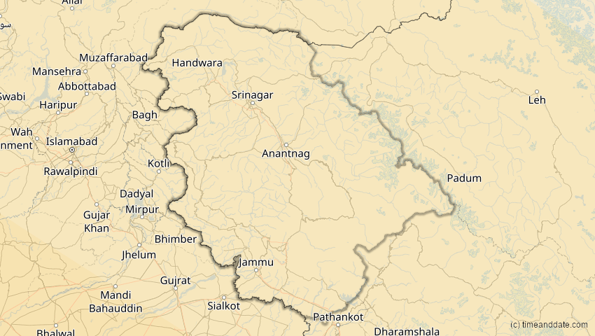 A map of Jammu und Kashmir, Indien, showing the path of the 26. Dez 2019 Ringförmige Sonnenfinsternis