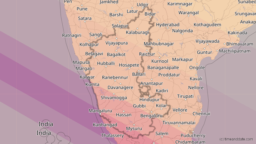 A map of Karnataka, Indien, showing the path of the 26. Dez 2019 Ringförmige Sonnenfinsternis