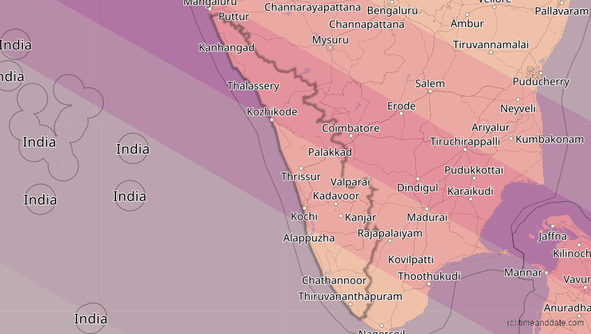 A map of Kerala, Indien, showing the path of the 26. Dez 2019 Ringförmige Sonnenfinsternis
