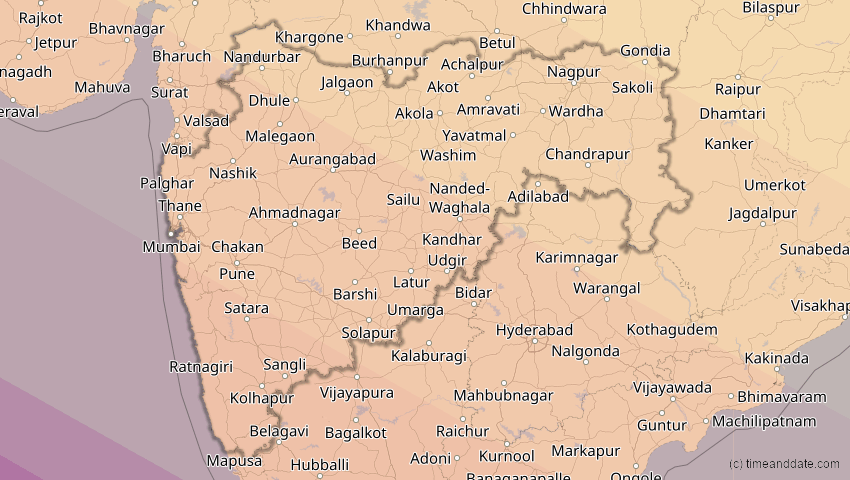 A map of Maharashtra, Indien, showing the path of the 26. Dez 2019 Ringförmige Sonnenfinsternis