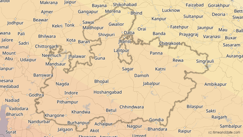 A map of Madhya Pradesh, Indien, showing the path of the 26. Dez 2019 Ringförmige Sonnenfinsternis
