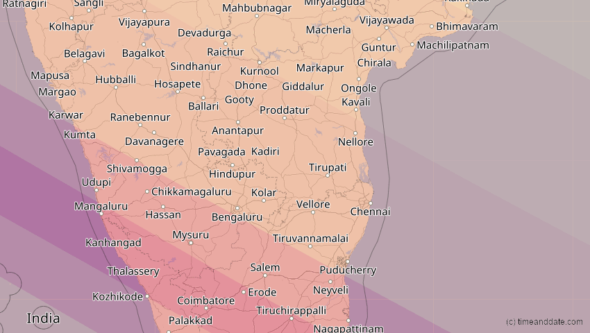 A map of Pondicherry, Indien, showing the path of the 26. Dez 2019 Ringförmige Sonnenfinsternis