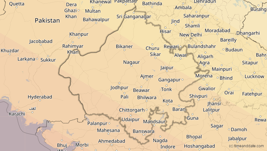 A map of Rajasthan, Indien, showing the path of the 26. Dez 2019 Ringförmige Sonnenfinsternis