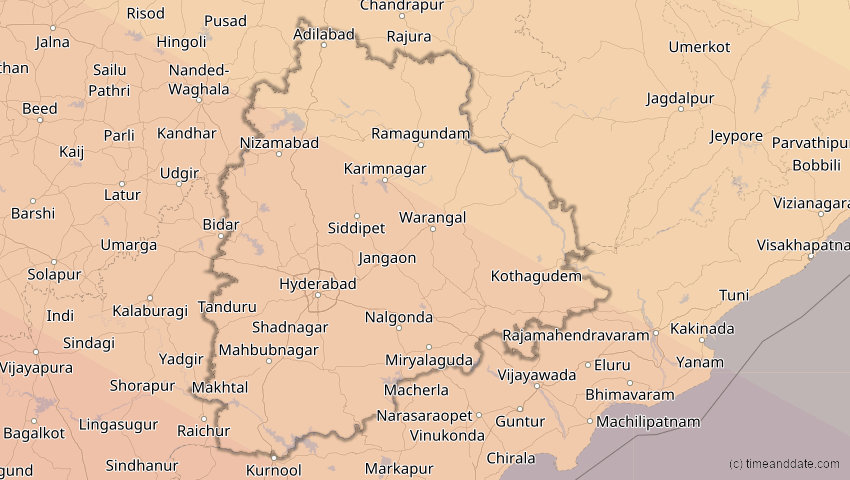 A map of Telangana, Indien, showing the path of the 26. Dez 2019 Ringförmige Sonnenfinsternis