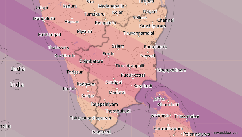 A map of Tamil Nadu, Indien, showing the path of the 26. Dez 2019 Ringförmige Sonnenfinsternis