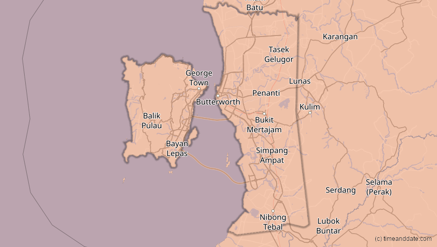 A map of Penang, Malaysia, showing the path of the 26. Dez 2019 Ringförmige Sonnenfinsternis