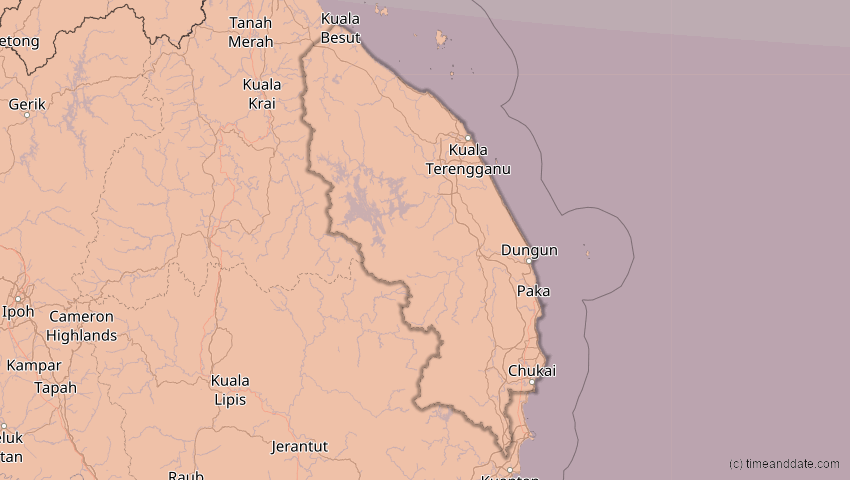 A map of Terengganu, Malaysia, showing the path of the 26. Dez 2019 Ringförmige Sonnenfinsternis