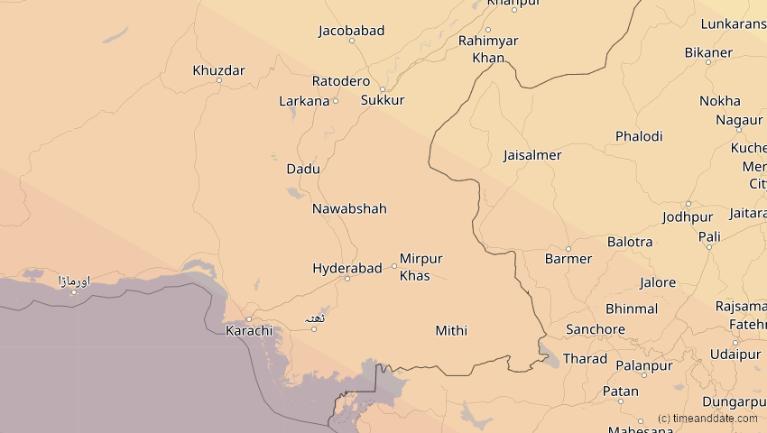A map of Sindh, Pakistan, showing the path of the 26. Dez 2019 Ringförmige Sonnenfinsternis