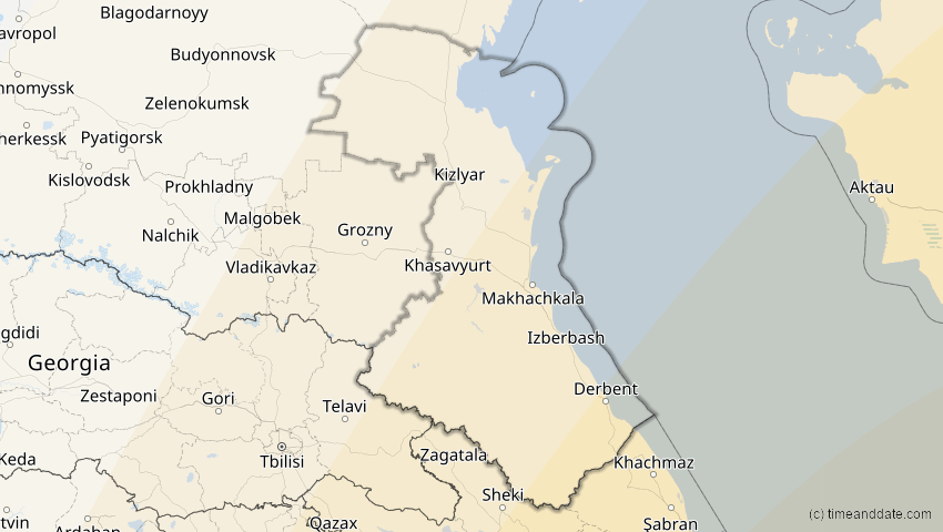 A map of Dagestan, Russland, showing the path of the 26. Dez 2019 Ringförmige Sonnenfinsternis