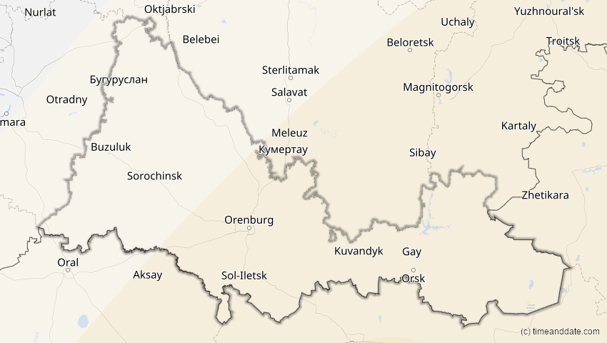 A map of Orenburg, Russland, showing the path of the 26. Dez 2019 Ringförmige Sonnenfinsternis