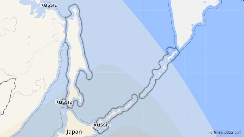 A map of Sachalin, Russland, showing the path of the 26. Dez 2019 Ringförmige Sonnenfinsternis
