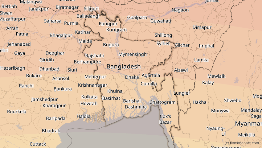 A map of Bangladesh, showing the path of the Jun 21, 2020 Annular Solar Eclipse