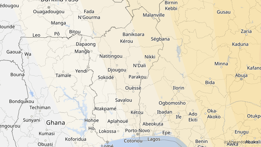 A map of Benin, showing the path of the Jun 21, 2020 Annular Solar Eclipse