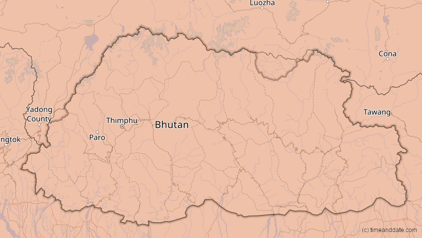 A map of Bhutan, showing the path of the Jun 21, 2020 Annular Solar Eclipse