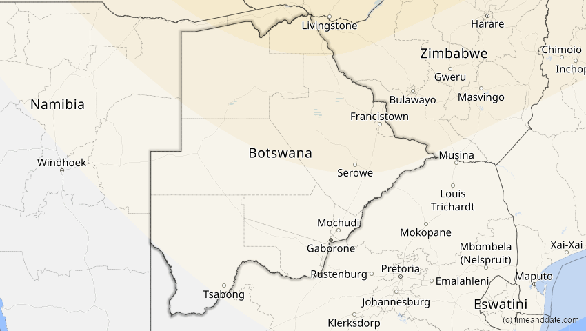 A map of Botswana, showing the path of the Jun 21, 2020 Annular Solar Eclipse