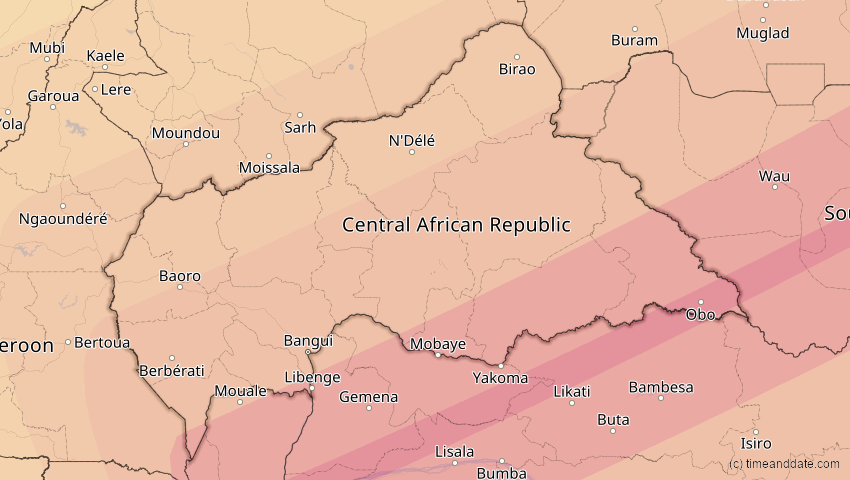 A map of Central African Republic, showing the path of the Jun 21, 2020 Annular Solar Eclipse