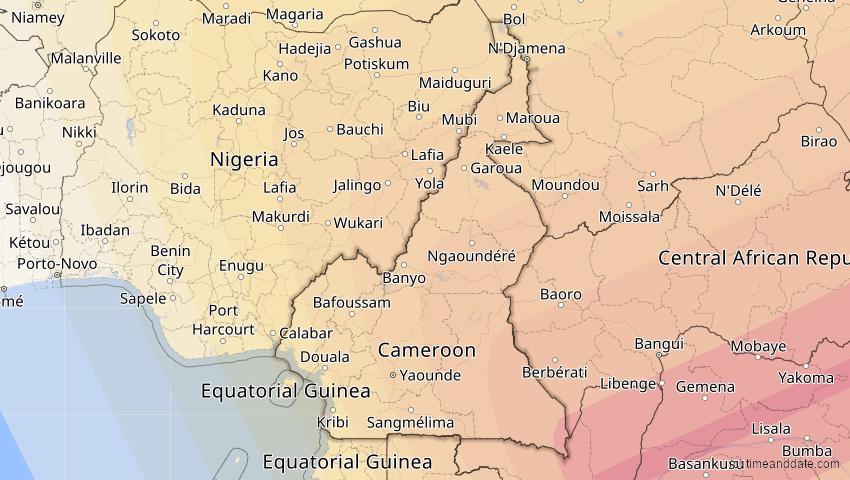 A map of Cameroon, showing the path of the Jun 21, 2020 Annular Solar Eclipse