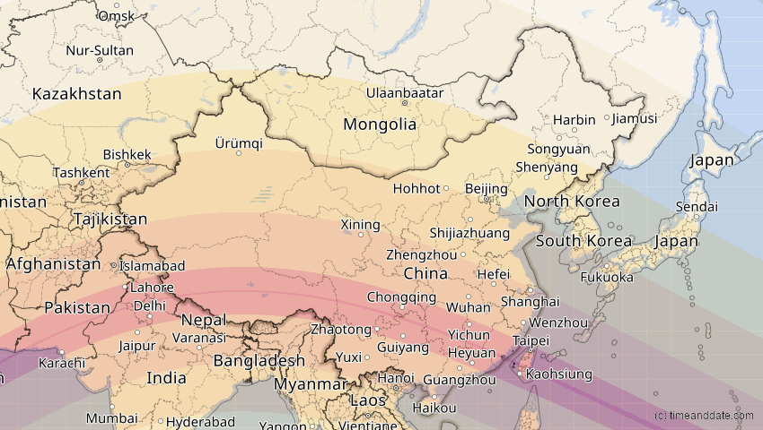 A map of China, showing the path of the Jun 21, 2020 Annular Solar Eclipse
