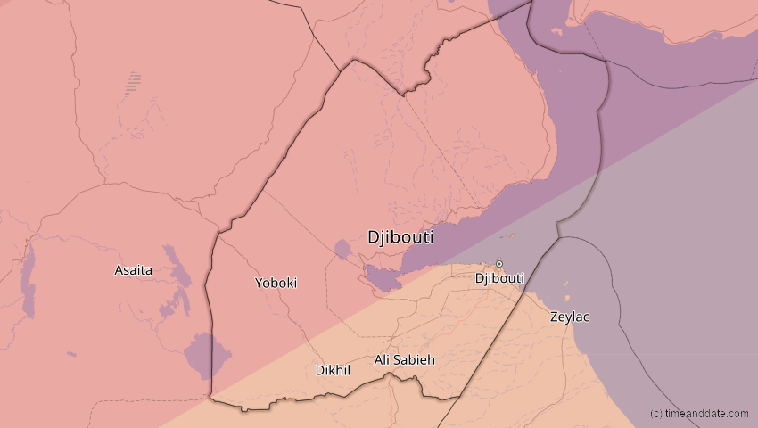 A map of Djibouti, showing the path of the Jun 21, 2020 Annular Solar Eclipse