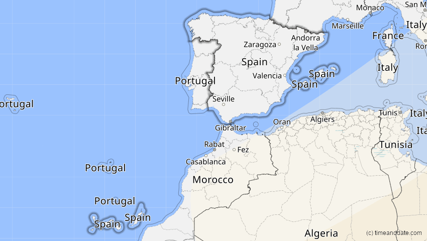 A map of Spain, showing the path of the Jun 21, 2020 Annular Solar Eclipse