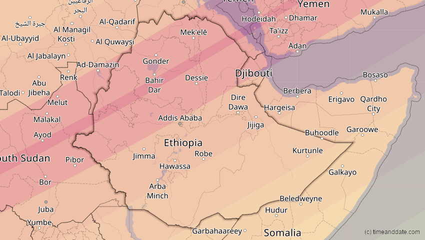 A map of Ethiopia, showing the path of the Jun 21, 2020 Annular Solar Eclipse