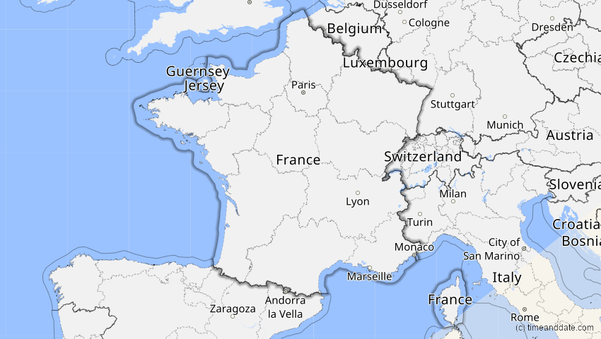A map of Frankreich, showing the path of the 21. Jun 2020 Ringförmige Sonnenfinsternis