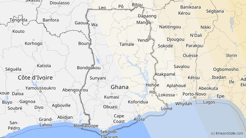 A map of Ghana, showing the path of the Jun 21, 2020 Annular Solar Eclipse