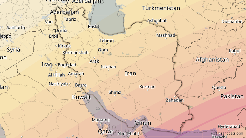 A map of Iran, showing the path of the Jun 21, 2020 Annular Solar Eclipse