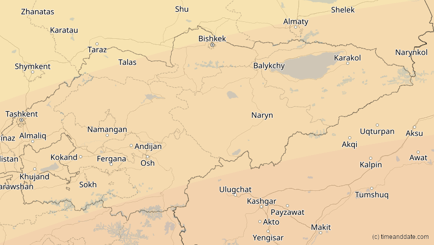A map of Kyrgyzstan, showing the path of the Jun 21, 2020 Annular Solar Eclipse
