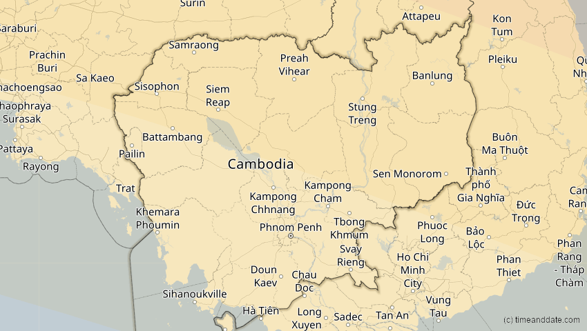 A map of Cambodia, showing the path of the Jun 21, 2020 Annular Solar Eclipse