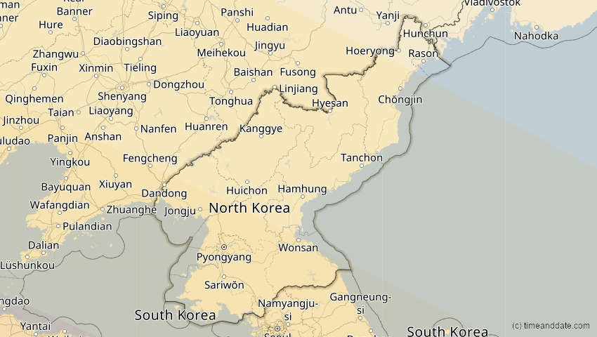 A map of North Korea, showing the path of the Jun 21, 2020 Annular Solar Eclipse