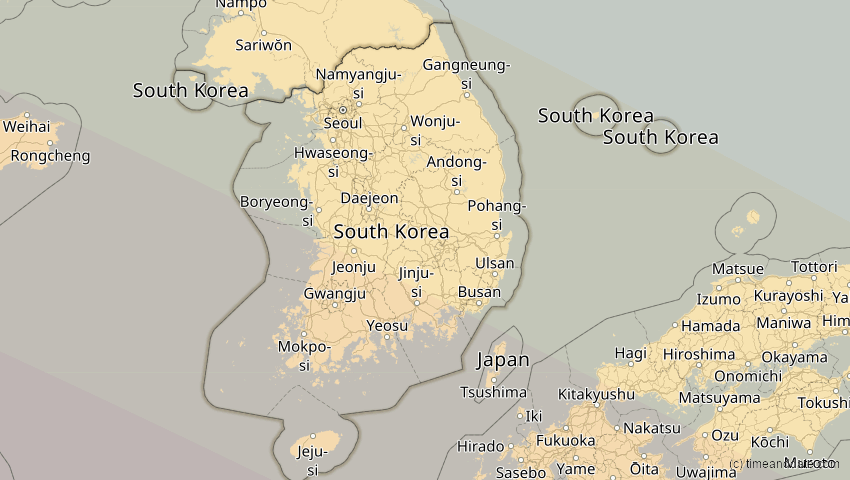 A map of South Korea, showing the path of the Jun 21, 2020 Annular Solar Eclipse