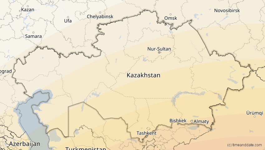 A map of Kazakhstan, showing the path of the Jun 21, 2020 Annular Solar Eclipse