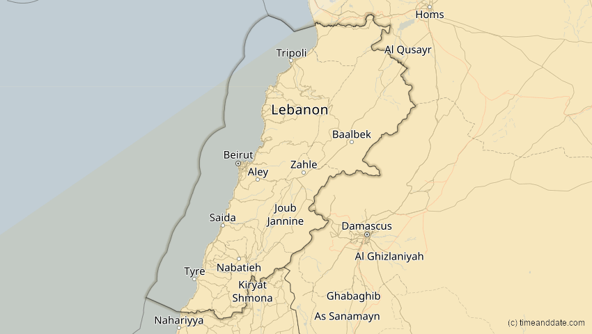 A map of Lebanon, showing the path of the Jun 21, 2020 Annular Solar Eclipse