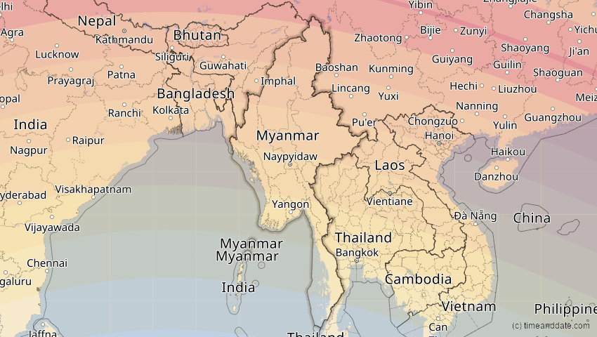 A map of Myanmar, showing the path of the Jun 21, 2020 Annular Solar Eclipse