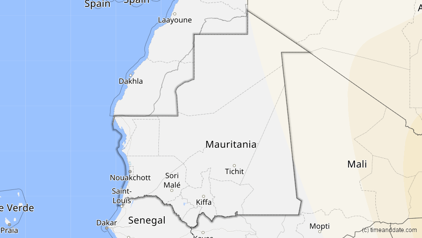 A map of Mauritania, showing the path of the Jun 21, 2020 Annular Solar Eclipse