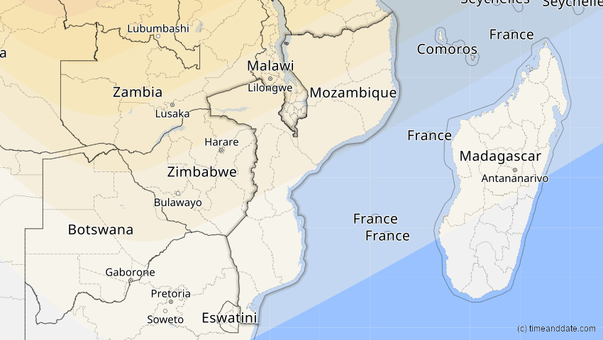 A map of Mozambique, showing the path of the Jun 21, 2020 Annular Solar Eclipse