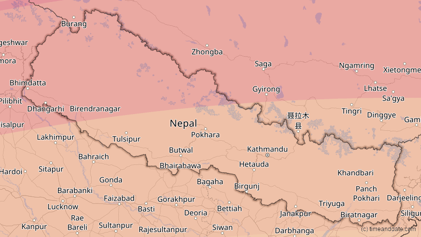A map of Nepal, showing the path of the Jun 21, 2020 Annular Solar Eclipse