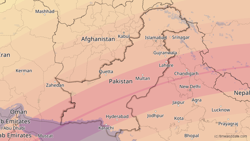 A map of Pakistan, showing the path of the Jun 21, 2020 Annular Solar Eclipse