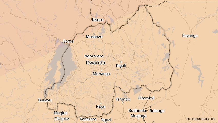 A map of Rwanda, showing the path of the Jun 21, 2020 Annular Solar Eclipse