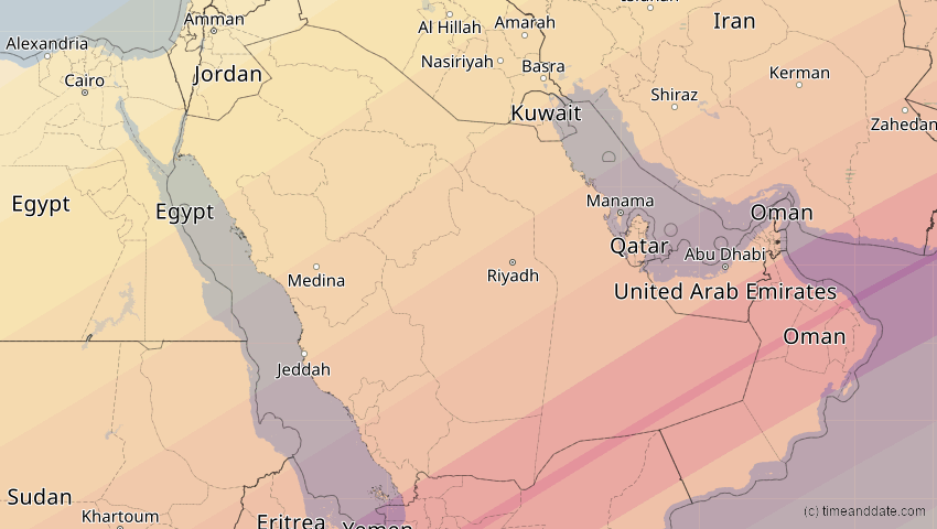 A map of Saudi Arabia, showing the path of the Jun 21, 2020 Annular Solar Eclipse