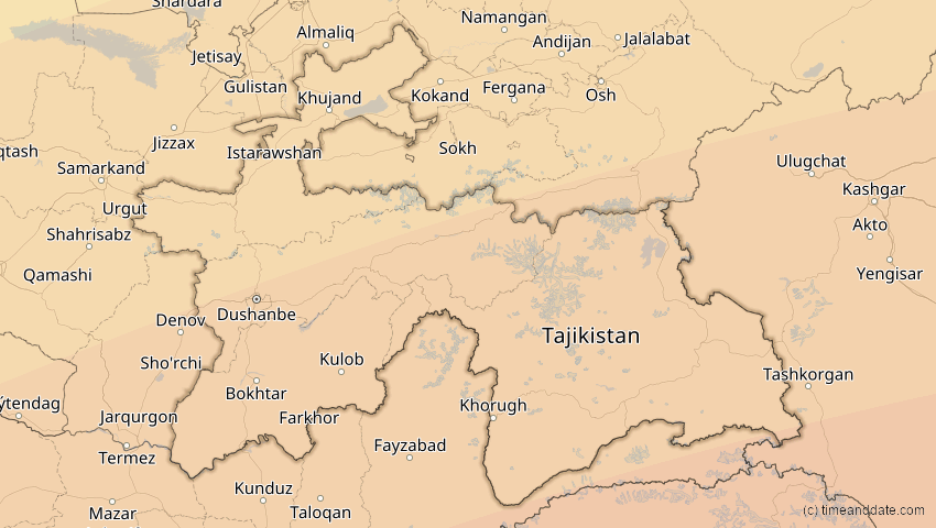 A map of Tajikistan, showing the path of the Jun 21, 2020 Annular Solar Eclipse