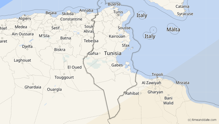 A map of Tunisia, showing the path of the Jun 21, 2020 Annular Solar Eclipse