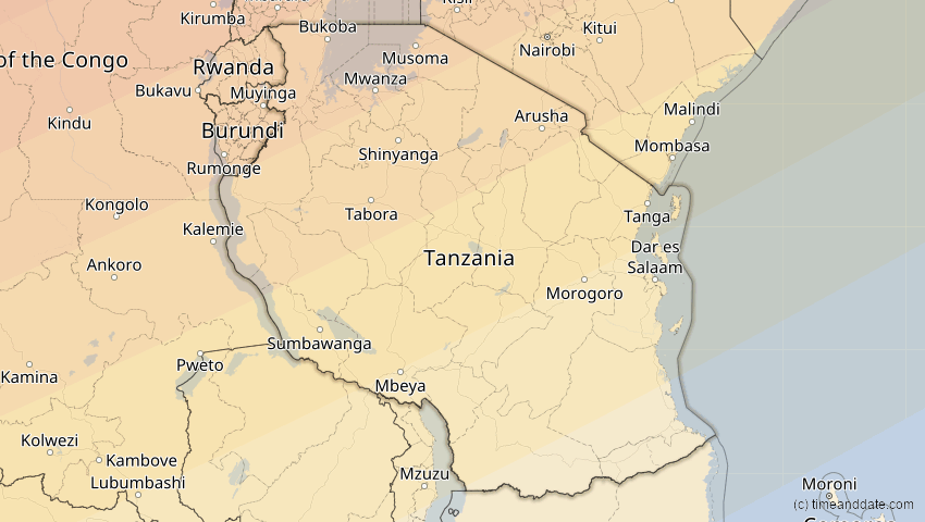 A map of Tanzania, showing the path of the Jun 21, 2020 Annular Solar Eclipse
