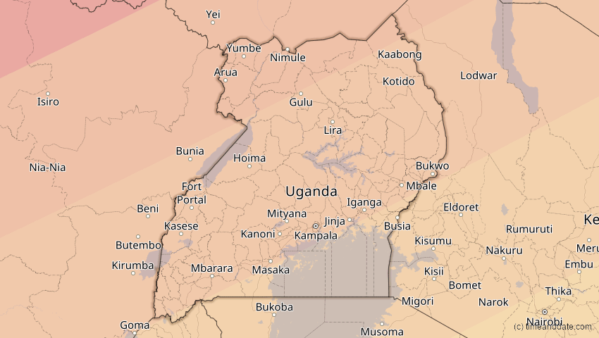 A map of Uganda, showing the path of the Jun 21, 2020 Annular Solar Eclipse