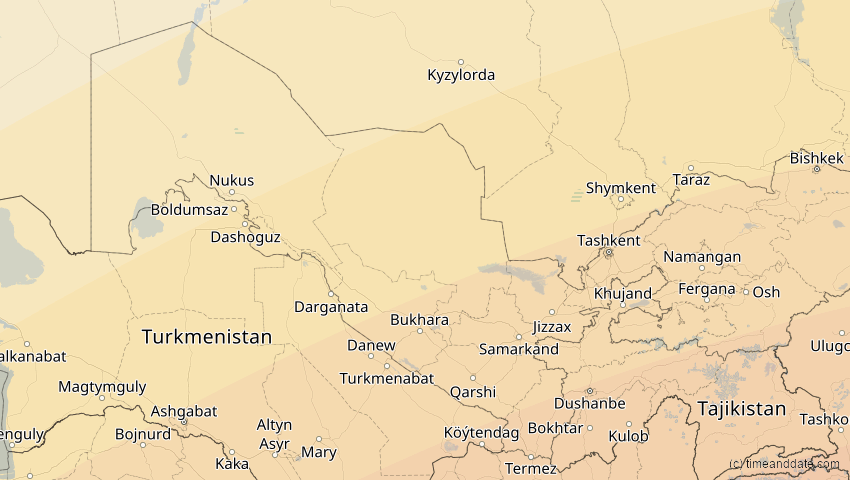 A map of Uzbekistan, showing the path of the Jun 21, 2020 Annular Solar Eclipse