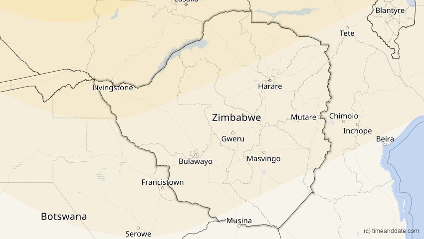 A map of Zimbabwe, showing the path of the Jun 21, 2020 Annular Solar Eclipse