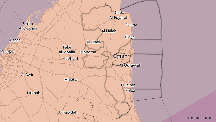 A map of Fudschaira, Vereinigte Arabische Emirate, showing the path of the 21. Jun 2020 Ringförmige Sonnenfinsternis
